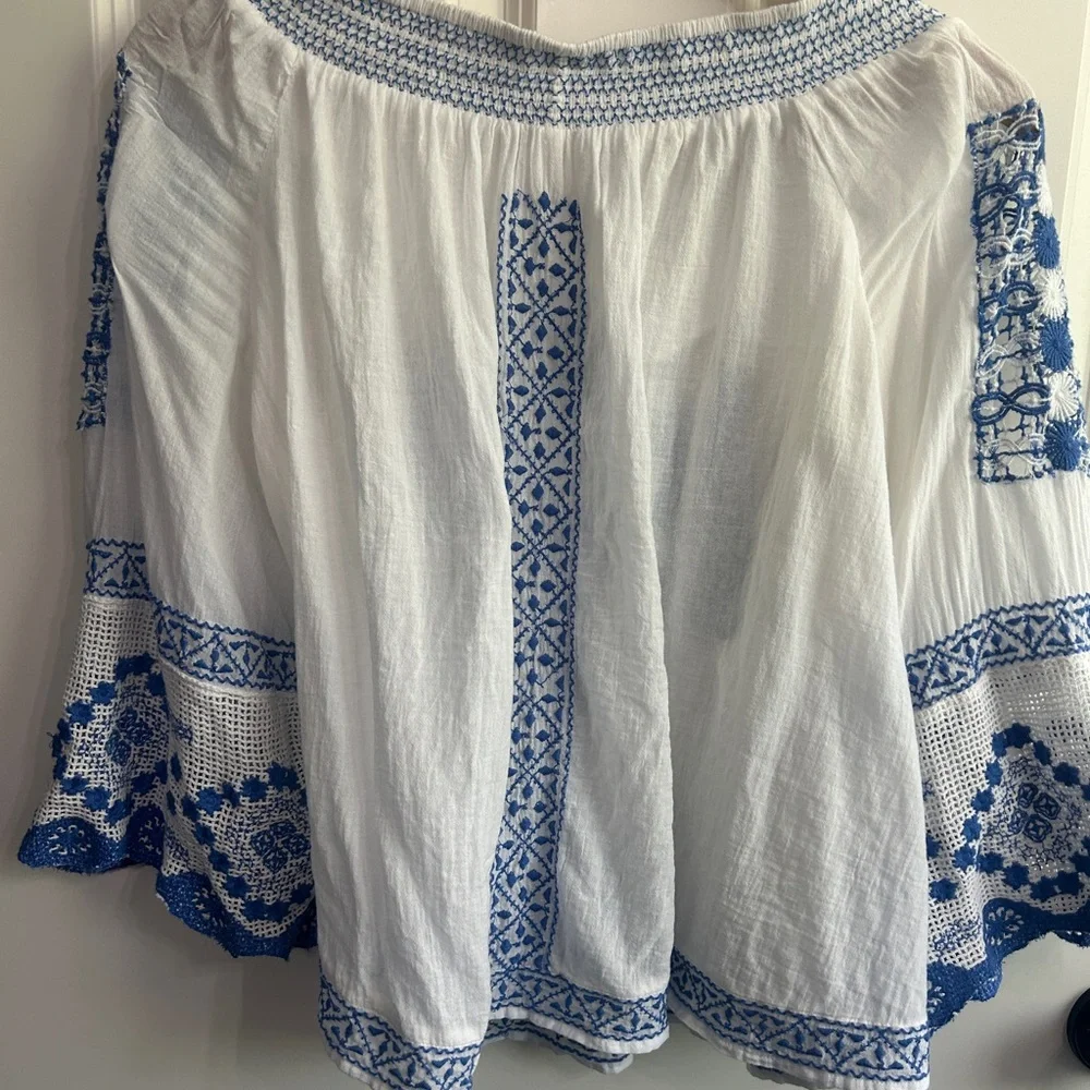 Free People White and Blue Embroidered Blouse - Picture 6 of 12